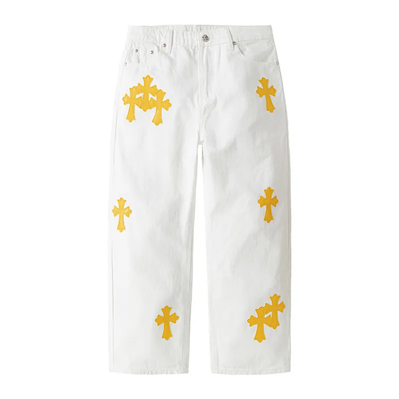 P236 💰 (Top version) chrome hearts ss25 new yellow Miami patchwork leather jeans. Styles with different wash textures, very friendly to people with thin legs and thick legs. The slightly flared version is very flattering to the leg shape. The timeless moderate length makes it easy to match casually. It has the basic styling foundation for various styles and is a must-have in the wardrobe! The fabric is stiff but also makes the upper body soft without losing texture. The washing process is even more perfect. It is a must-have item for everyone! ! !  Color: white Size: 30-32-34-36 30 32 34 36 Waist circumference 80 85 90 95 Sitting circumference 105 110 115 120 Foot opening 46 47 48 49 External length 102 103 104 105